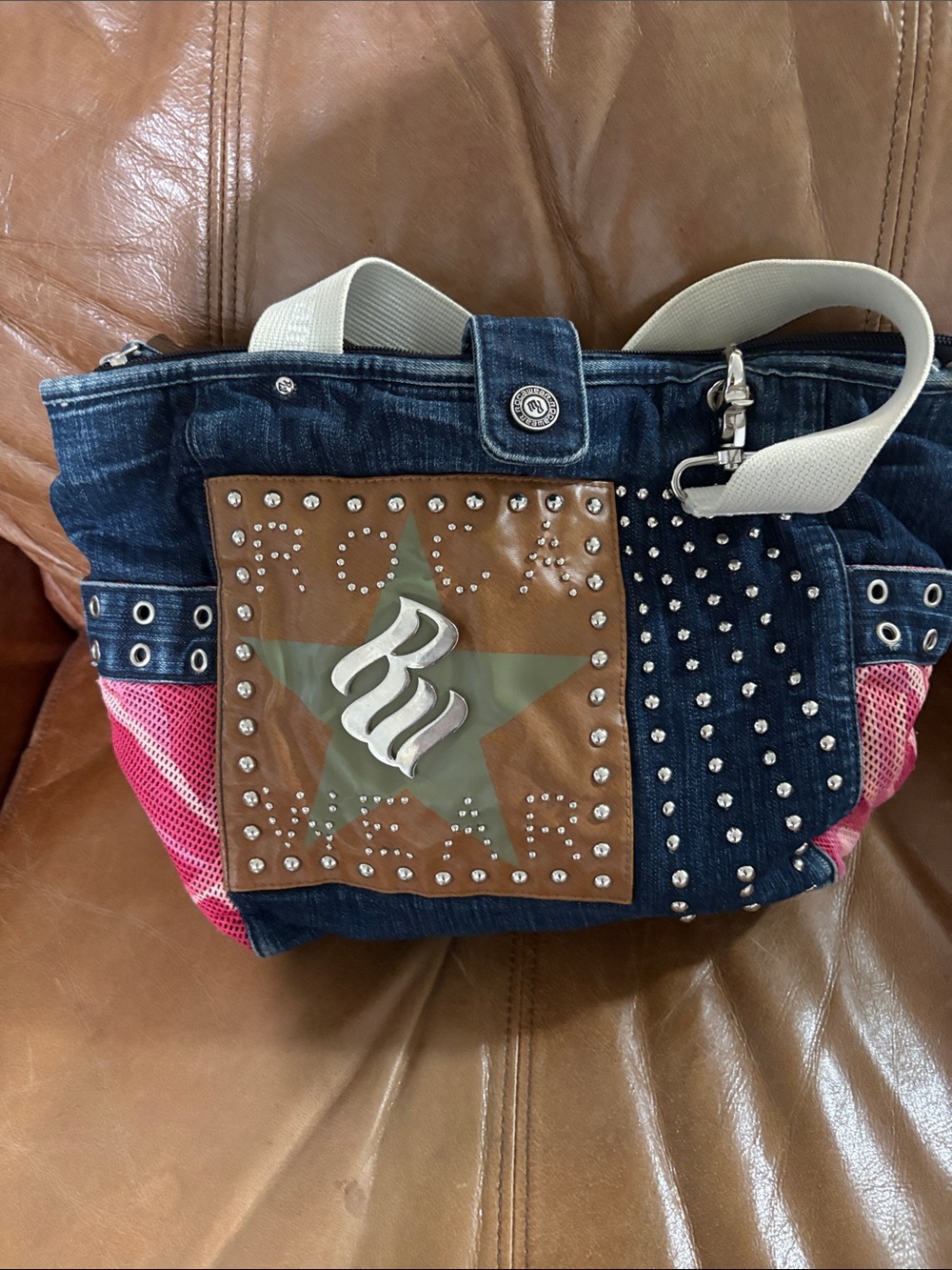 RW&CO. Denim Tote with Brown Star Patch and Pink Accents